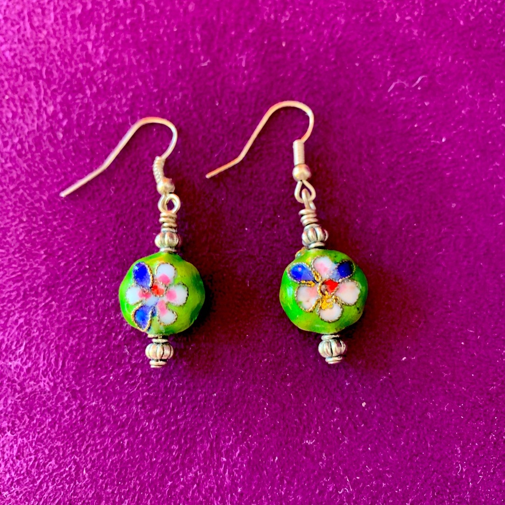 Petite Hand Painted Floral Dangle Earrings Green Colorful Minimalist